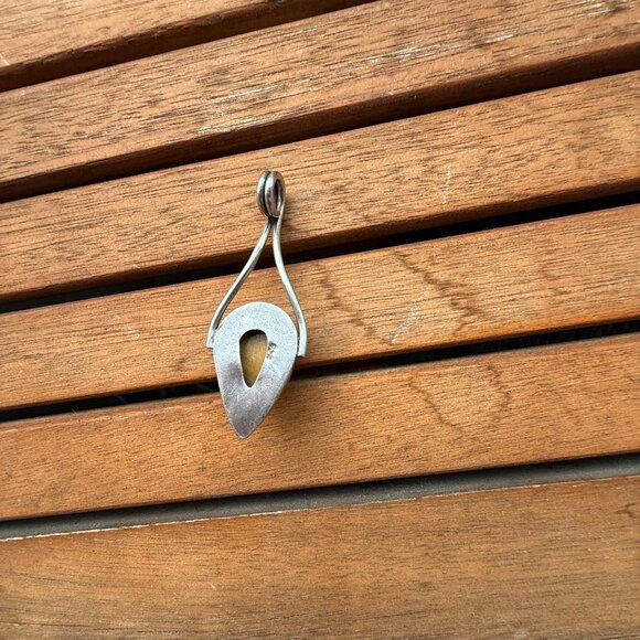 Tear-Drop Amber Pendant With Silver Wire Wrap Design - Picture 2 of 4